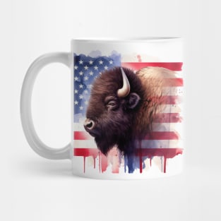 Bison portrait with United States of America flag background watercolor Mug